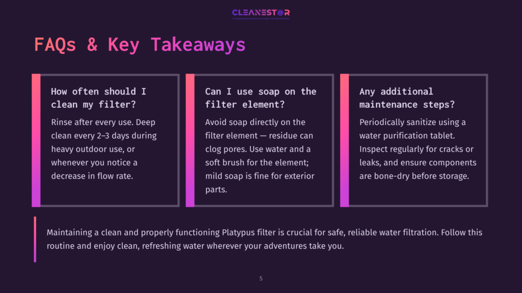 A Dark Purple Background Displays Three Distinct Sections With White Text Answering Faqs About Cleaning A Water Filter. The Sections Cover Cleaning Frequency, Soap Usage, And Maintenance Steps, With The Title &Quot;Faqs &Amp; Key Takeaways&Quot; At The Top.