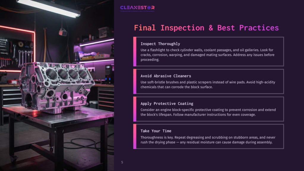 Cleanestor Logo And Text &Quot;Final Inspection &Amp; Best Practices&Quot; With Bullet Points: Inspect Thoroughly, Avoid Abrasive Cleaners, Apply Protective Coating, Take Your Time. A Powerful V8 Engine Block Sits On A Workbench In A Well-Lit Garage.