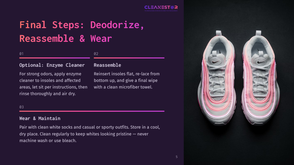5 Final Steps Deodorize Reassemble And Wear Close-Up Of A Pair Of White Nike Air Max 97 Sneakers With Pink Accents, Resting On A Dark Surface. The Image Highlights The Shoes' Design And Texture, Suitable For Shoe Cleaning Or Restoration Content.