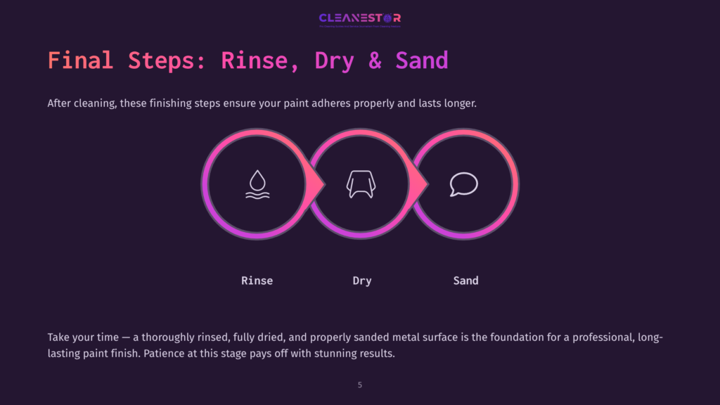 Infographic Showing The Final Steps Of Painting: Rinse, Dry, And Sand, With Icons Representing Each Stage And Text Emphasizing The Importance Of These Steps For A Professional, Long-Lasting Paint Finish.