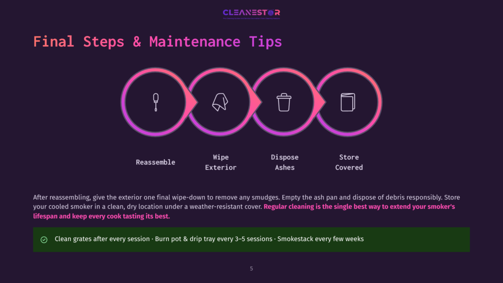 Four Stages Of Smoker Maintenance: Reassemble, Wipe Exterior, Dispose Ashes, Store Covered, With Text &Quot;Final Steps &Amp; Maintenance Tips&Quot; And &Quot;Cleanestor&Quot; Logo.