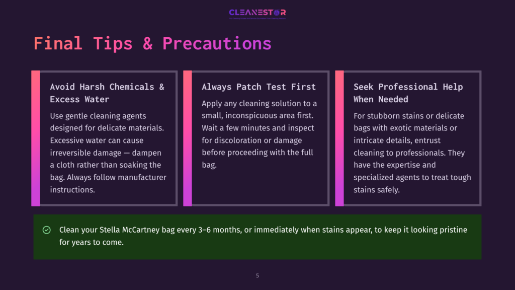 A Graphic Displays &Quot;Final Tips &Amp; Precautions&Quot; With Three Columns: &Quot;Avoid Harsh Chemicals &Amp; Excess Water,&Quot; &Quot;Always Patch Test First,&Quot; And &Quot;Seek Professional Help When Needed.&Quot; A Bullet Point At The Bottom States, &Quot;Clean Your Stella Mccartney Bag Every 3-6 Months, Or Immediately When Stains Appear, To Keep It Looking Pristine For Years To Come.