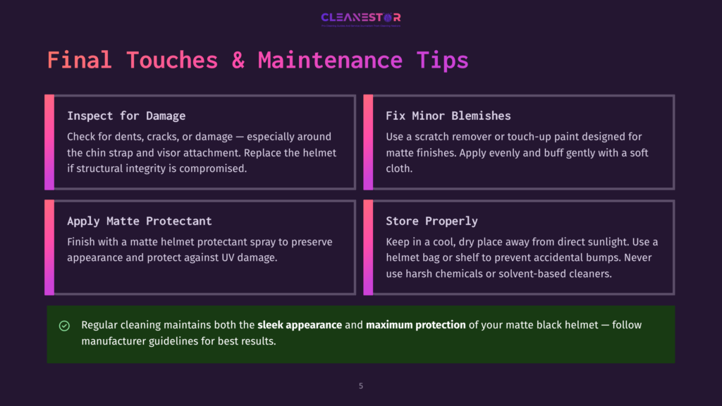 Infographic Detailing Helmet Maintenance Tips: Inspect For Damage, Fix Minor Blemishes, Apply Matte Protector, And Store Properly. Includes Text About Regular Cleaning And Matte Protection.