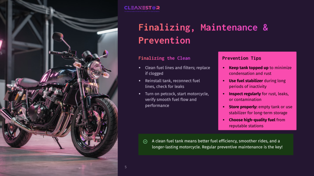 A Sleek, Black Motorcycle Is Parked In A Dimly Lit Garage, With A Cleanestor Logo And Text &Quot;Finalizing, Maintenance &Amp; Prevention&Quot; Visible On A Screen In The Background.