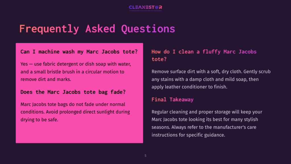 A Dark Purple Background With The Text &Quot;Cleanestor&Quot; At The Top And A Section Of Frequently Asked Questions About Cleaning Marc Jacobs Tote Bags.