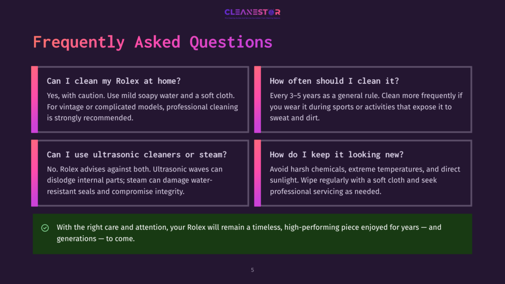 A Dark Purple And Pink Gradient Background With Text Asking &Quot;Frequently Asked Questions&Quot; And Four Boxes With Text About Cleaning Rolex Watches. The Top Left Box Asks &Quot;Can I Clean My Rolex At Home?&Quot;, The Top Right Asks &Quot;How Often Should I Clean It?&Quot;, The Bottom Left Asks &Quot;Can I Use Ultrasonic Cleaners Or Steam?&Quot;, And The Bottom Right Asks &Quot;How Do I Keep It Looking New?&Quot;. A Green Bar At The Bottom Contains Text About Rolex Care.