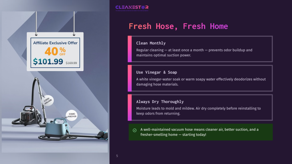 5 Fresh Hose Fresh Home Two Modern Vacuum Cleaners Are Showcased On A Light-Colored Floor, With A Graphic Overlay Featuring An &Quot;Affiliate Exclusive Offer&Quot; For &Quot;40% Off&Quot; With A Price Of &Quot;$101.99&Quot; And &Quot;$169.99&Quot;.