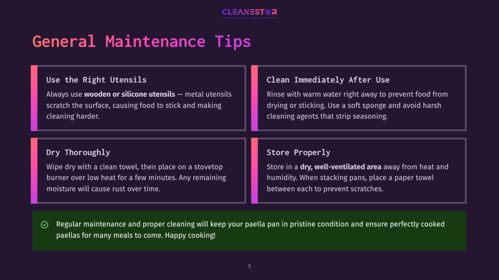 Infographic With Tips For Paella Pan Maintenance: &Quot;Use The Right Utensils,&Quot; &Quot;Clean Immediately After Use,&Quot; &Quot;Dry Thoroughly,&Quot; And &Quot;Store Properly.