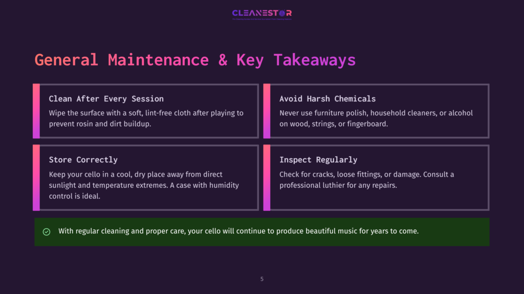 Infographic Titled &Quot;General Maintenance &Amp; Key Takeaways&Quot; For A Cello, Detailing Cleaning, Storage, And Inspection Advice. Includes Tips Like &Quot;Wipe The Surface With A Soft, Lint-Free Cloth&Quot; And &Quot;Keep Your Cello In A Cool, Dry Place.