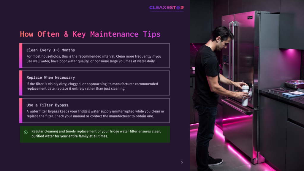 5 How Often And Key Maintenance Tips A Man Dispenses Water From A Stainless Steel Refrigerator With A Clean, Modern Kitchen Background Featuring Purple Accent Lighting. The Image Includes Text About Fridge Water Filter Maintenance: &Quot;Clean Every 3-6 Months,&Quot; &Quot;Replace When Necessary,&Quot; And &Quot;Use A Filter Bypass.
