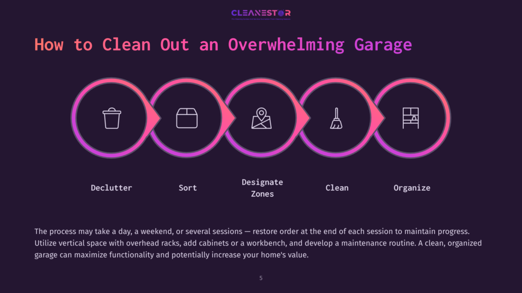 Infographic Illustrating The 5 Steps To Clean Out An Overwhelming Garage: Declutter, Sort, Designate Zones, Clean, Organize. The Steps Are Shown As A Colorful, Circular Flow Chart With Icons.