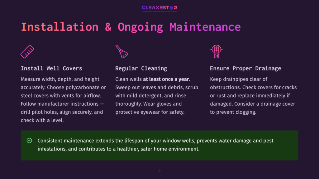 Installation &Amp; Ongoing Maintenance For Window Wells: Includes Installing Well Covers, Regular Cleaning, And Ensuring Proper Drainage. Text Highlights Consistent Maintenance Extends Lifespan And Prevents Infestations.