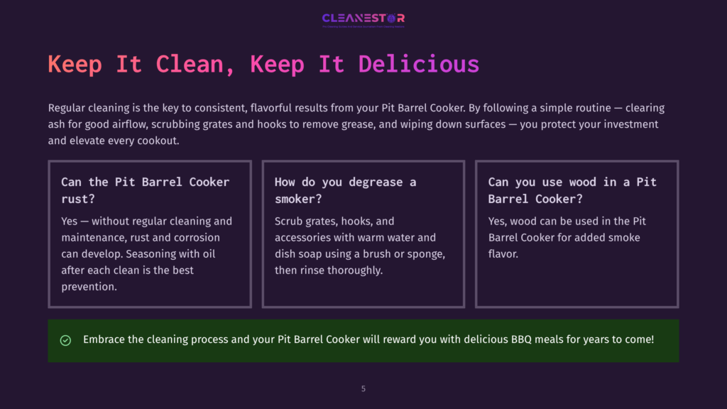 Cleanestor Logo With Text &Quot;Keep It Clean, Keep It Delicious&Quot; And Three Cards Detailing Pit Barrel Cooker Cleaning Tips: &Quot;Can The Pit Barrel Cooker Rust?&Quot;, &Quot;How Do You Degrease A Smoker?&Quot;, And &Quot;Can You Use Wood In A Pit Barrel Cooker?&Quot;.