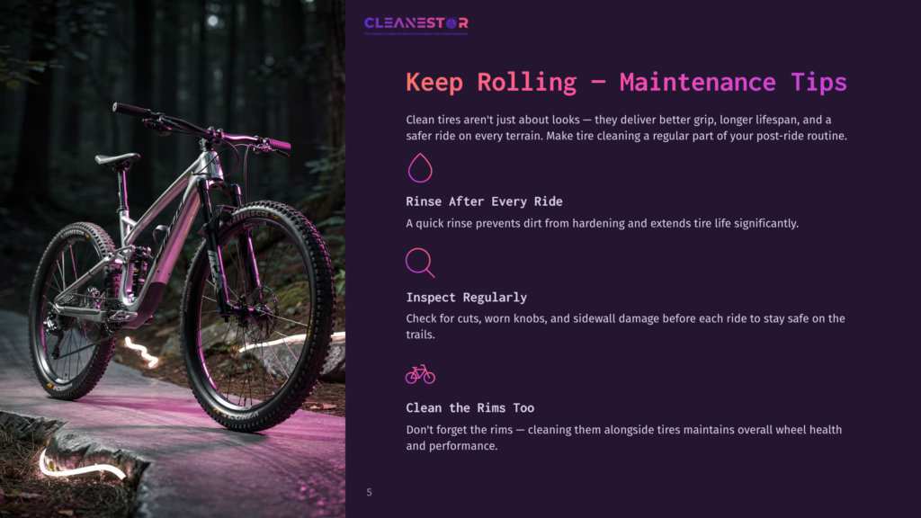 A Full-Suspension Mountain Bike With A Silver Frame Rests On A Pink, Glowing Path In A Dark Forest, With Text Overlay About &Quot;Keep Rolling - Maintenance Tips&Quot;.