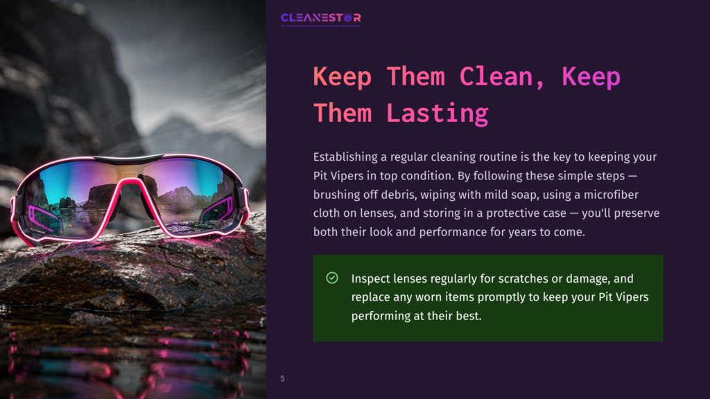 Pink And Blue Pit Vipers Sunglasses Rest On A Wet, Rocky Surface With A Blurred Natural Background. The Text &Quot;Cleanestor&Quot; Is Visible At The Top.