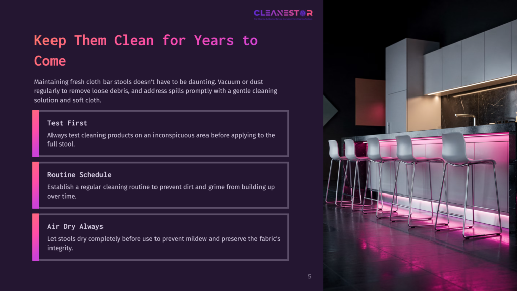 A Modern Kitchen With A Dark Marble Backsplash And Sleek Cabinetry, Featuring A Row Of Four White Bar Stools Illuminated By Vibrant Pink Led Lighting. The Text &Quot;Cleanestor&Quot; Is Visible At The Top.