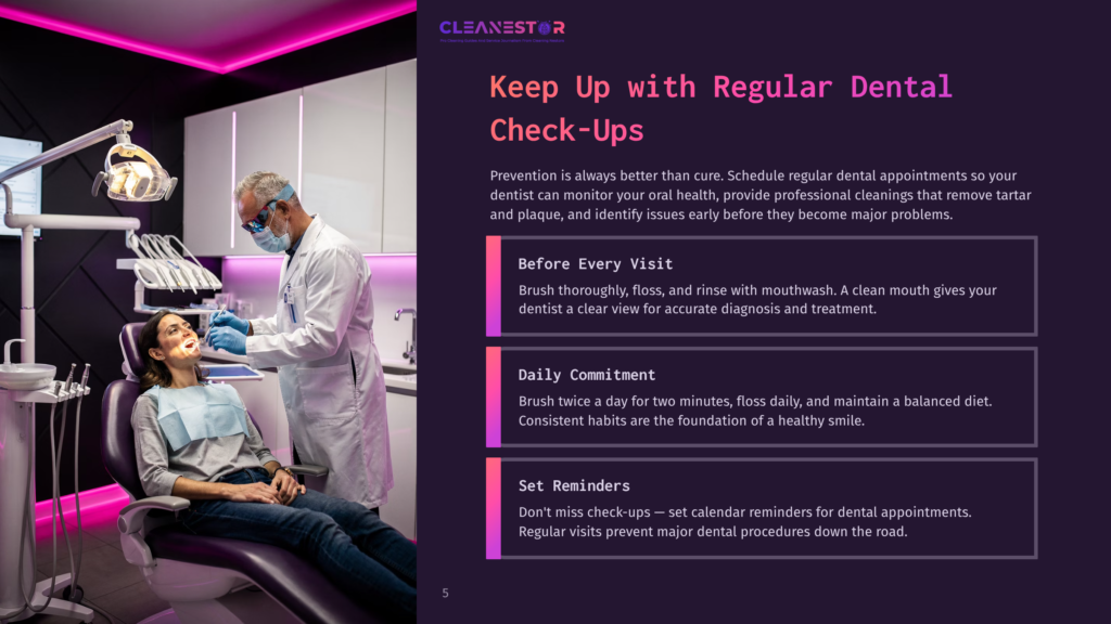 Dentist In A White Coat And Mask Examines A Patient'S Teeth In A Modern, Brightly Lit Dental Office With Purple Accents. Text Overlay: &Quot;Cleanestor Keep Up With Regular Dental Check-Ups&Quot;.