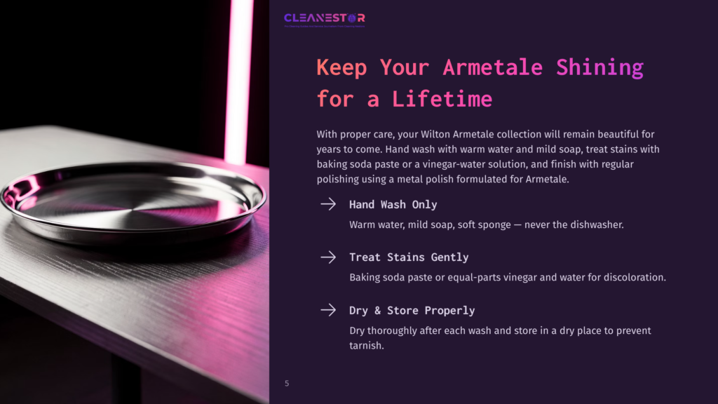 A Gleaming Wilton Armetale Platter Sits On A Dark, Reflective Surface, Bathed In A Soft Pink Light. Text On The Right Side Reads &Quot;Cleanestor Keep Your Armetale Shining For A Lifetime.