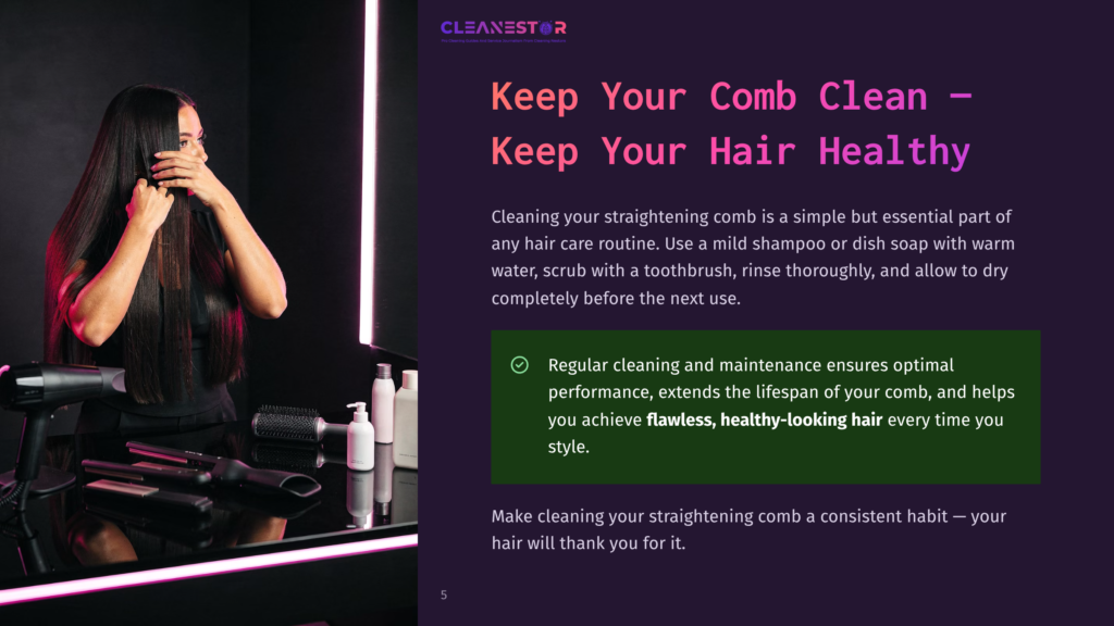 A Woman With Long, Dark, Straight Hair Is Shown From The Chest Up, Running Her Fingers Through Her Hair While Looking Down. On A Reflective Surface In Front Of Her Are Hair Styling Tools, Including A Straightening Comb, A Hairdryer, And Bottles Of Hair Products.