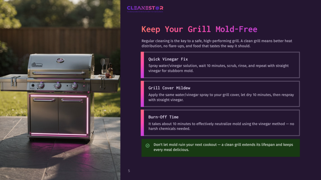 Close-Up Of A Stainless Steel Grill With Pink Led Lights, Showing The Cleanestor Logo And Text About Cleaning Grill Mold With Vinegar.