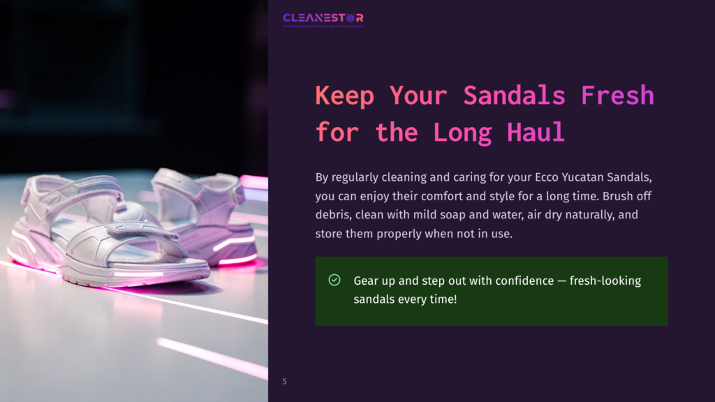 Two White Ecco Yucatan Sandals With Neon Pink Lighting, Displayed On A Glossy White Surface. Text Overlay Reads: &Quot;Cleanestor - Keep Your Sandals Fresh For The Long Haul.