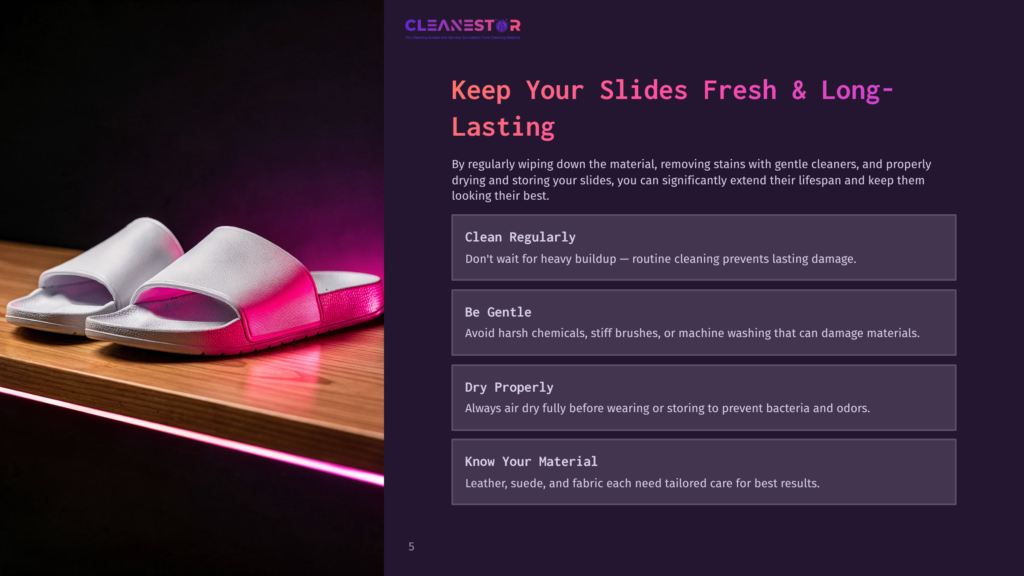 A Pair Of White Slides With Metallic Pink Soles Rests On A Wooden Shelf, Illuminated By A Soft Pink Neon Light. Text On The Right Reads &Quot;Keep Your Slides Fresh &Amp; Long-Lasting.
