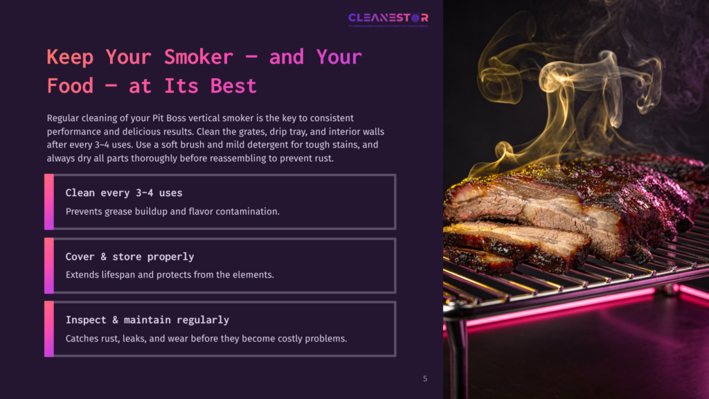 A Mouthwatering, Perfectly Smoked Beef Brisket With A Dark Bark And Juicy Pink Smoke Ring Rests On A Grill, Bathed In Dramatic Lighting And Wisps Of Smoke. Text On The Left Advises &Quot;Keep Your Smoker And Your Food At Its Best.