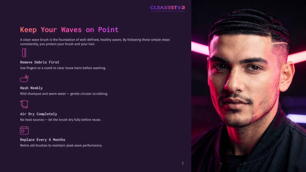 Close-Up Of A Man With Perfectly Defined Waves, Styled Hair, And A Clean Fade Haircut, Illuminated By Vibrant Pink And Purple Neon Lights. Text Overlay: &Quot;Cleanestar.