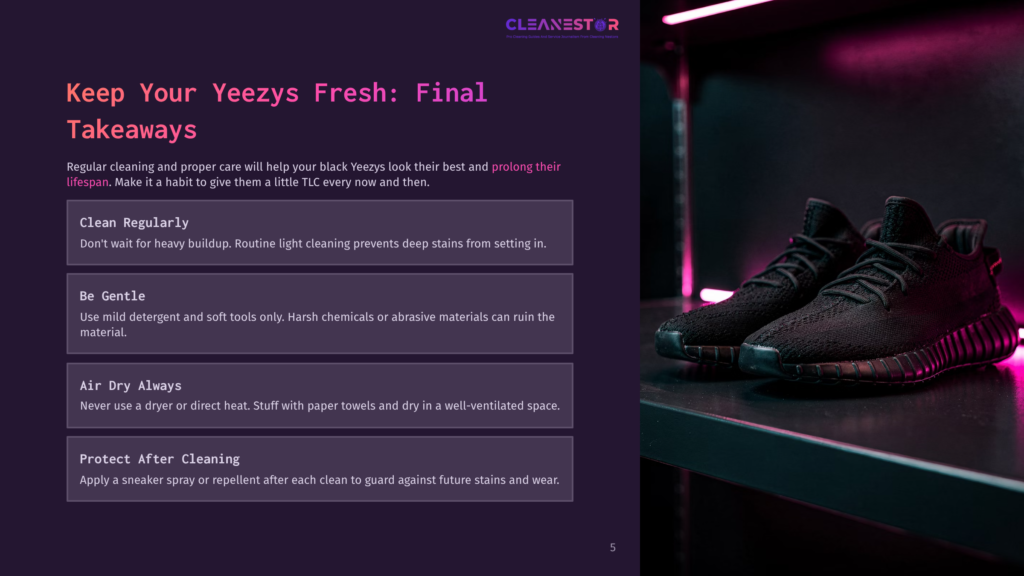 Black Yeezy Boost 350 V2 Sneakers Sit On A Shelf With A Neon Pink Light Reflecting On Them. Text Overlays Offer Tips For Keeping Yeezys Clean.