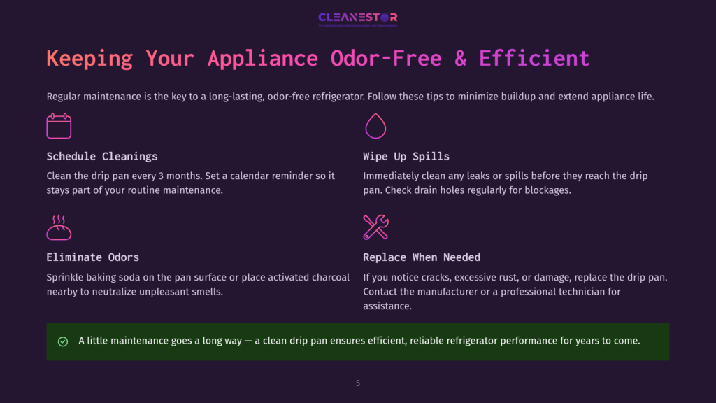 Cleanestor Logo With Text &Quot;Keeping Your Appliance Odor-Free &Amp; Efficient&Quot; And Tips For Refrigerator Maintenance: Schedule Cleanings, Wipe Up Spills, Eliminate Odors, Replace When Needed.