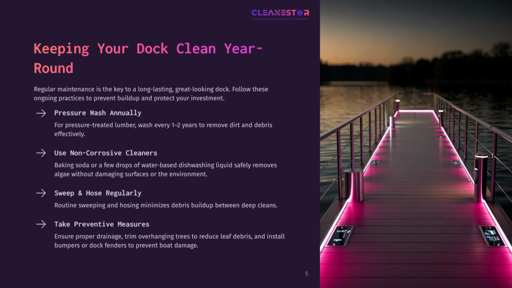 A Modern, Illuminated Dock Extends Over Dark Water At Dusk, With Pink Lights Lining The Walkway. The Text &Quot;Cleanestar&Quot; Is Visible At The Top.