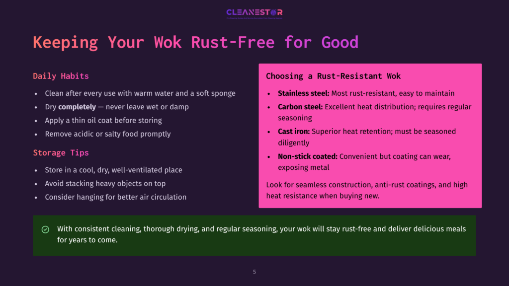 Keeping Your Wok Rust-Free For Good: Daily Habits And Choosing A Rust-Resistant Wok, Including Stainless Steel, Carbon Steel, And Non-Stick Coated Options.