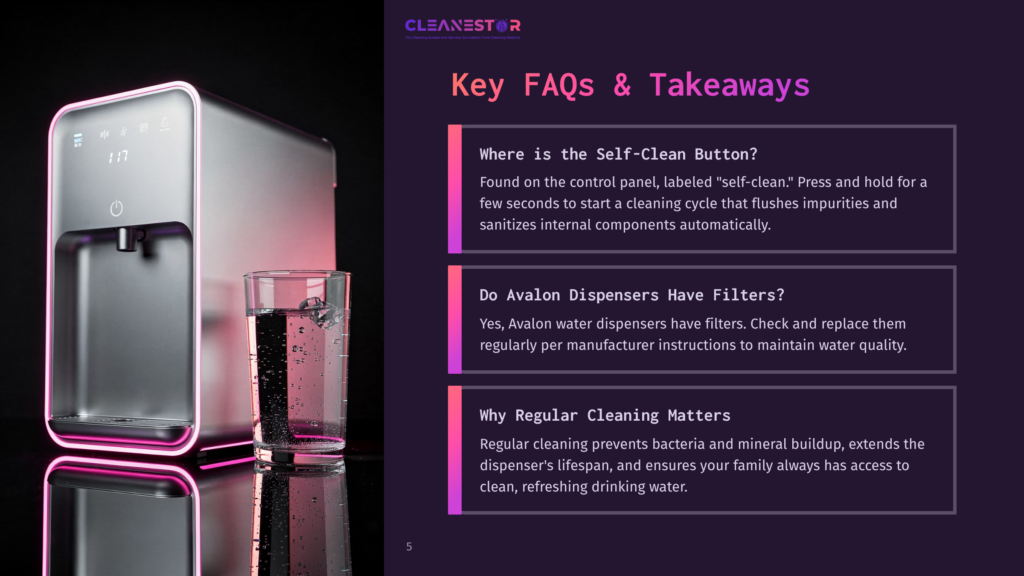 Sleek Silver Water Dispenser With Glowing Pink Led Accents, Featuring A Digital Display And A Glass Of Water, Next To Text Detailing Faqs About The Avalon Water Dispenser'S Self-Clean Button, Filters, And Regular Cleaning.