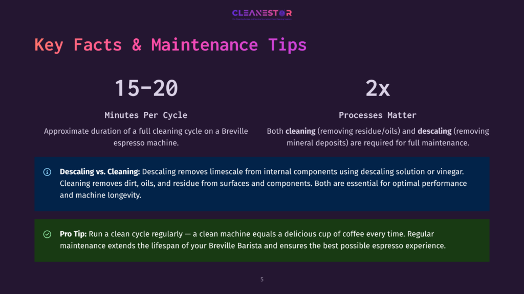 5 Key Facts And Maintenance Tips Infographic Titled &Quot;Key Facts &Amp; Maintenance Tips&Quot; By Cleanestor, Detailing Coffee Machine Cleaning With &Quot;15-20 Minutes Per Cycle&Quot; And &Quot;2X Processes Matter&Quot; For Cleaning And Descaling.