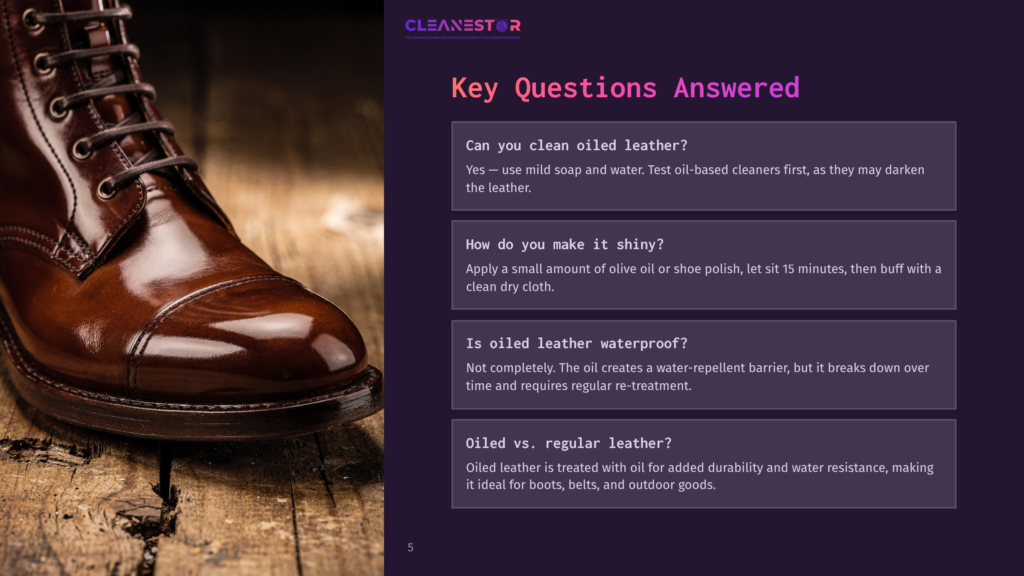 Close-Up Of A Polished, Brown Leather Boot With Intricate Stitching And Laces, Resting On A Rustic Wooden Surface. Text Overlay Reads &Quot;Cleanestor Key Questions Answered&Quot;.