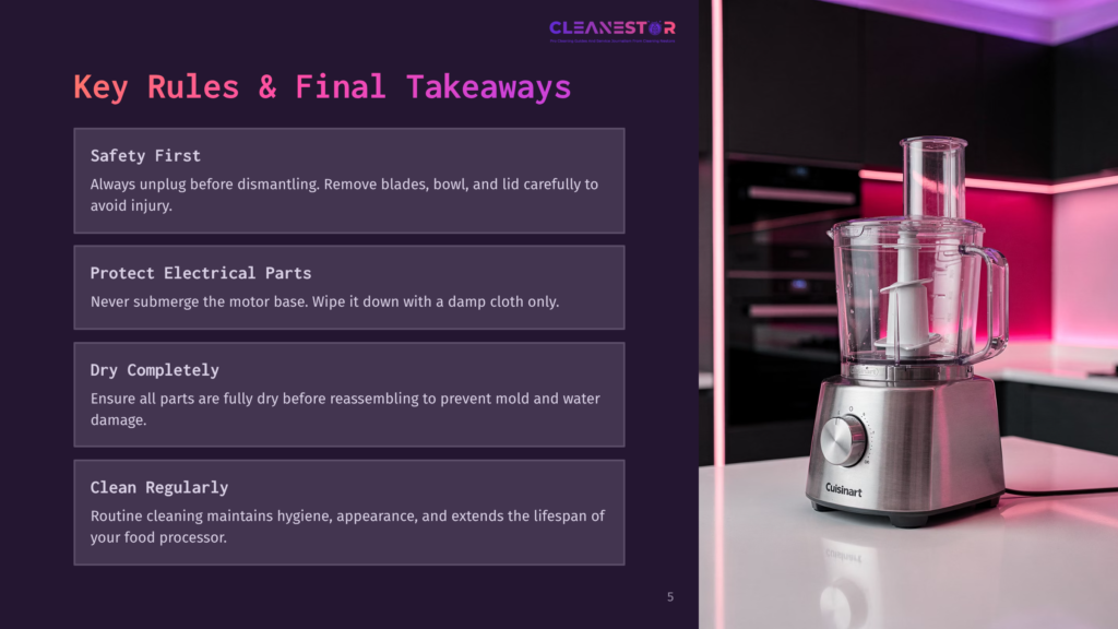 A Modern Stainless Steel Cuisinart Food Processor Sits On A White Countertop In A Sleek Kitchen, With A Purple And White &Quot;Cleanestor&Quot; Logo And Cleaning Tips Displayed On The Left.
