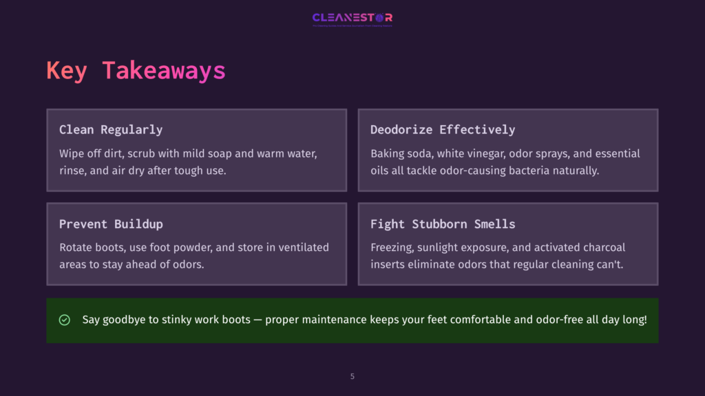 Key Takeaways For Boot Maintenance: Clean Regularly, Deodorize Effectively, Prevent Buildup, And Fight Stubborn Smells. Tips Include Wiping Boots, Using Baking Soda And Vinegar, Rotating Footwear, And Utilizing Sunlight And Activated Charcoal For Odor Removal. The Image Features The Cleanestor Logo And A List Of Boot Care Tips.