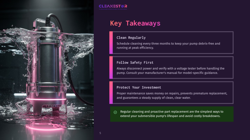 A Submersible Pump Submerged In Water With A Pink Glow, Illustrating Key Takeaways About Maintenance. Text Reads, &Quot;Clean Regularly,&Quot; &Quot;Follow Safety First,&Quot; And &Quot;Protect Your Investment.&Quot; The Pump Is Surrounded By Water Splashes And A Dark Background.