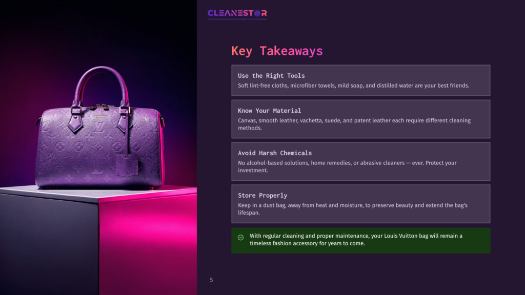 5 Key Takeaways 11 A Luxurious Purple Louis Vuitton Speedy Bag Sits On A Geometric, Glowing Pink Cube, With A Dark Background. The Image Is Part Of A &Quot;Key Takeaways&Quot; Section About Cleaning And Maintaining Designer Handbags.