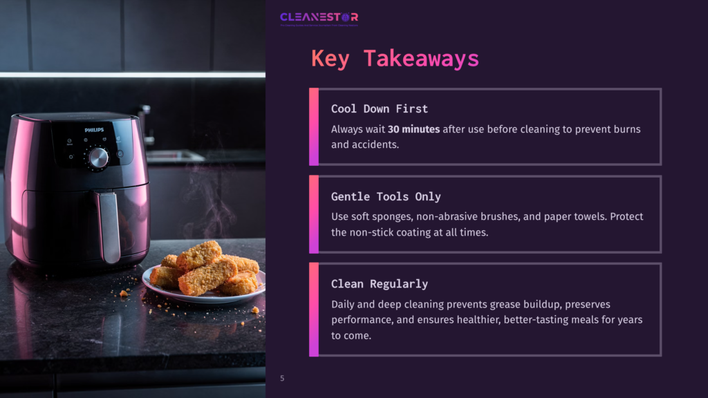 A Black Philips Air Fryer Sits On A Dark Countertop Next To A Plate Of Golden-Brown Breaded Food, With A Steaming Effect Visible. The Image Is Part Of A &Quot;Key Takeaways&Quot; Slide About Cleaning Appliances.