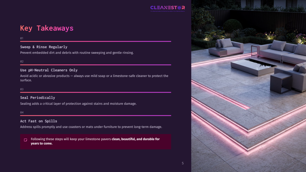 Modern Patio With Clean Stone Tiles And Plush Outdoor Furniture, Illuminated By Neon Pink Lighting. Text Overlay &Quot;Cleanestar&Quot; And &Quot;Key Takeaways&Quot; With Cleaning Tips For Limestone Pavers.
