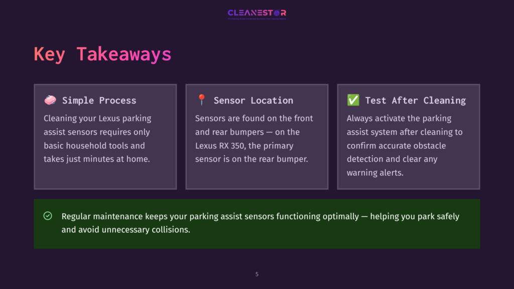 5 Key Takeaways 17 Key Takeaways For Lexus Parking Assist Sensors: Simple Process, Sensor Location On Front And Rear Bumpers Of Lexus Rx 350, And Testing After Cleaning. Regular Maintenance Ensures Optimal Function And Prevents Collisions.