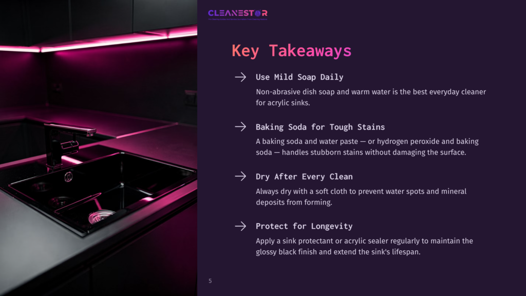 5 Key Takeaways 19 A Modern Black Kitchen Sink With A Sleek Faucet Is Illuminated By Vibrant Pink Under-Cabinet Lighting, Reflecting On The Dark Countertop. Text Overlay Reads &Quot;Cleanestor&Quot; And &Quot;Key Takeaways&Quot; With Cleaning Tips.