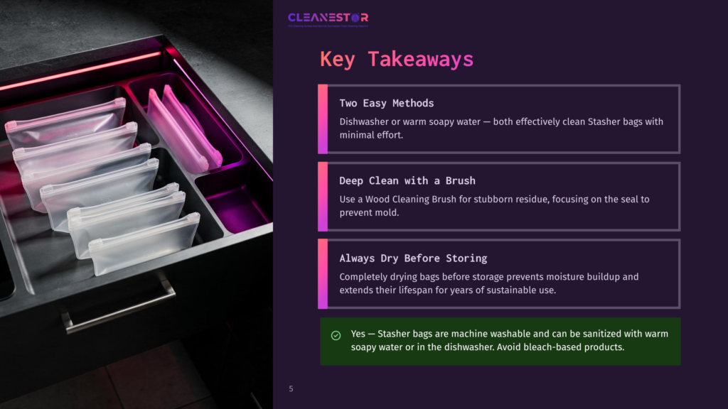 Close-Up Of Transparent Stasher Bags Neatly Organized In A Drawer, With A Soft Glow From A Red Light Illuminating The Scene. Text On The Image Reads &Quot;Key Takeaways&Quot; And Provides Tips On Cleaning And Storing Stasher Bags.