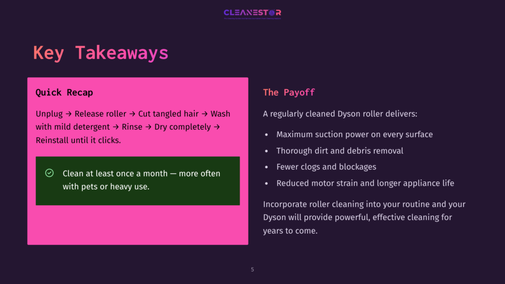 Cleanestor Logo With The Text &Quot;Key Takeaways&Quot; And &Quot;Quick Recap&Quot; Detailing How To Clean A Dyson Roller With Mild Detergent And &Quot;The Payoff&Quot; Listing Benefits Of A Clean Dyson Roller Including Maximum Suction Power And Fewer Clogs.