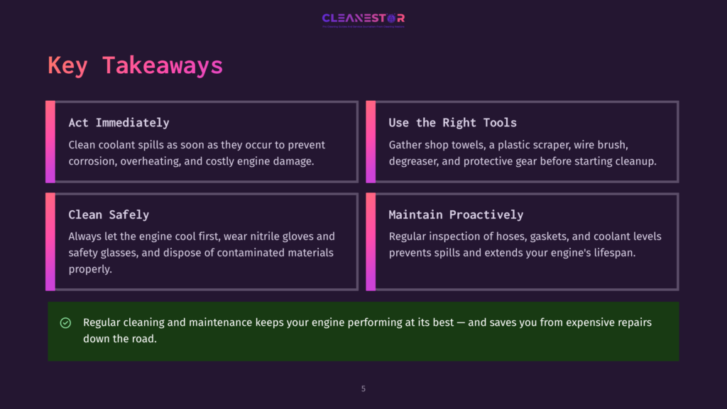 Cleanestor Slide With Key Takeaways For Engine Maintenance: Act Immediately, Use The Right Tools, Clean Safely, And Maintain Proactively, Emphasizing Regular Cleaning And Maintenance.