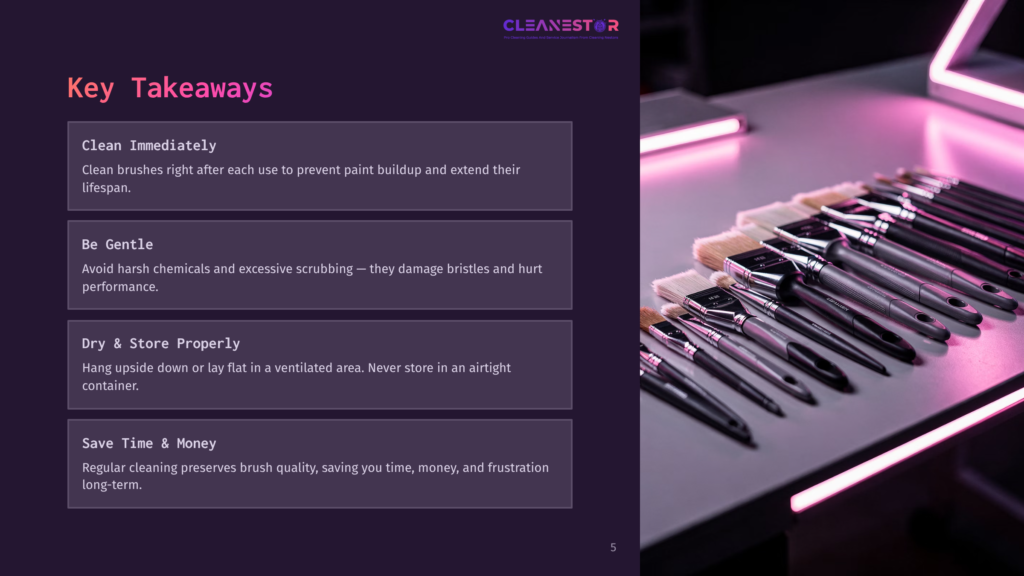 5 Key Takeaways 22 An Array Of Artist Paintbrushes Arranged On A Table, Illuminated By A Pink Light, With Text Above Them That Reads &Quot;Clean Immediately&Quot; And &Quot;Be Gentle&Quot;.