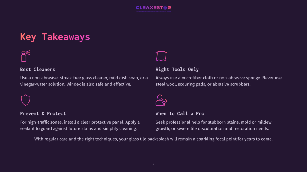 Key Takeaways For Tile Cleaning: Best Cleaners, Right Tools Only, Prevent &Amp; Protect, And When To Call A Pro. The Text Is Presented On A Dark Purple Background With Subtle Glowing Accents.