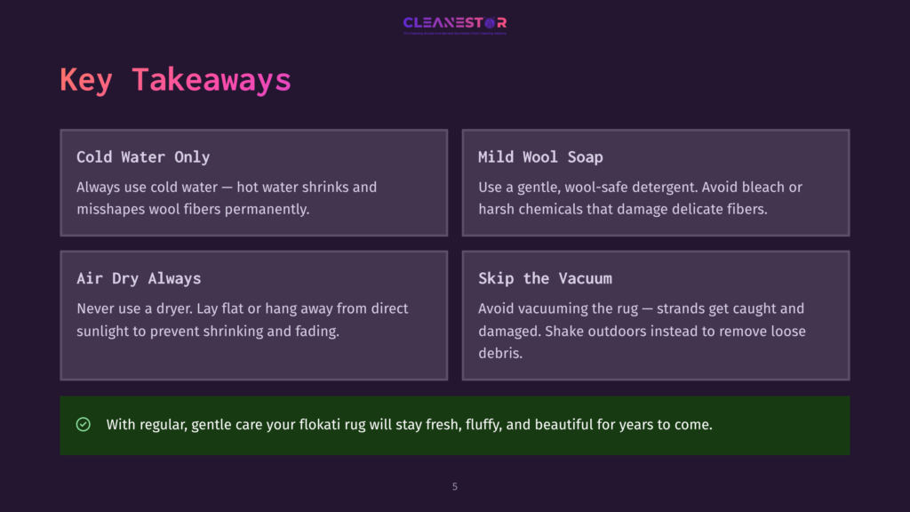 5 Key Takeaways 29 Key Takeaways For Caring For A Flokati Rug: Avoid Hot Water, Use Mild Wool Soap, Air Dry Flat, And Vacuum Strands Carefully. The Text Also Notes That Regular Care Keeps The Rug Fluffy For Years.