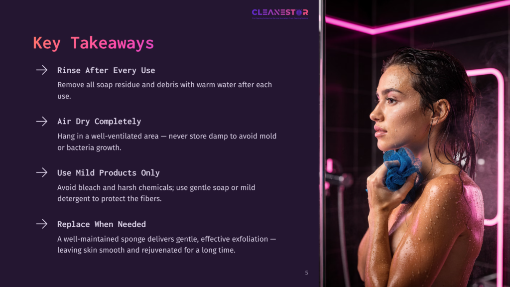 A Woman With Wet Hair Stands In A Shower Stall, Holding A Blue Sponge, Under A Pink And Purple Neon Light, With Key Takeaways For Sponge Care Displayed In The Background.